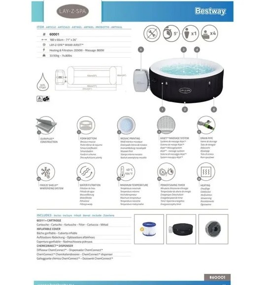 Bestway Lay-Z-Spa Miami AirJet Hot Tub, 1.80m x 66cm - 60001 - Image 6